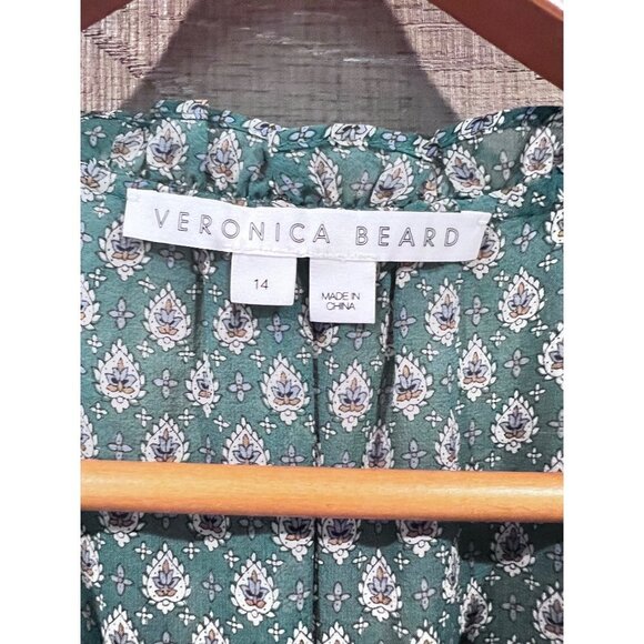 VERONICA BEARD DESTINY PRINTED SMOCKED WAIST V-NECK MINI DRESS IN GREEN SIZE 14 - Picture 5 of 11